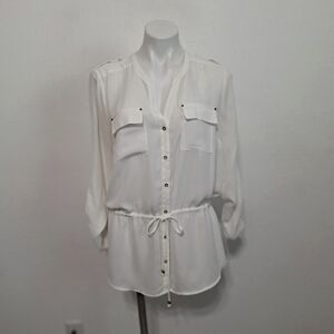 Signature Studio Off White Roll Tab Coastal Preppy Button Front Tunic Top Size M